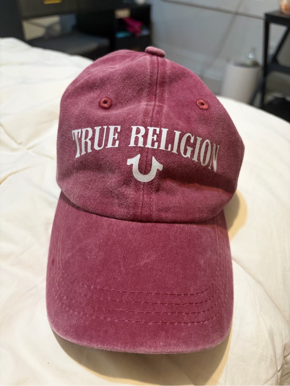 True Religion Distressed/ Faded Burgundy Baseball Cap with White Logo